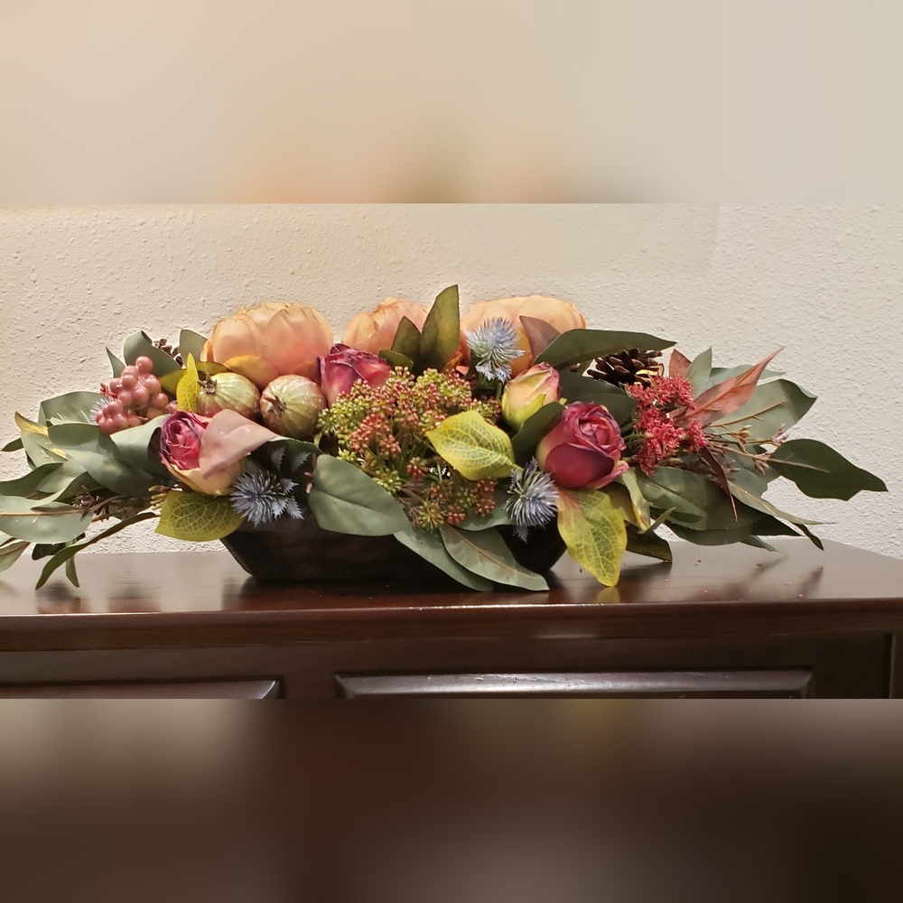 Artificial Flower Arrangement Wood Dough Bowl Roses Berries Eucalyptus